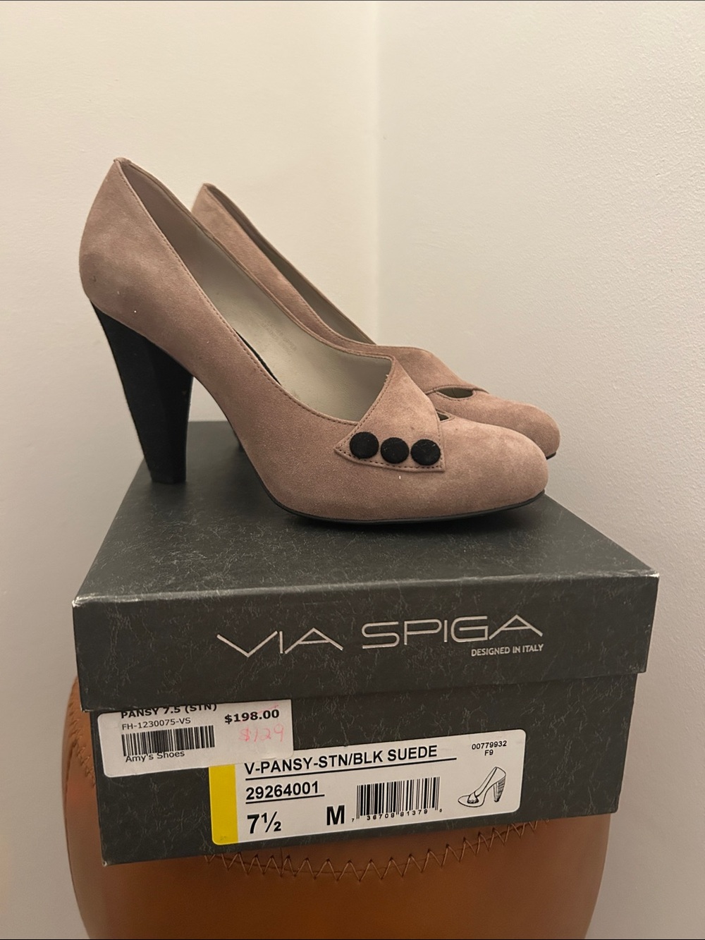 Via Spiga Suede Pumps in Dusty Rose with Black Buttons